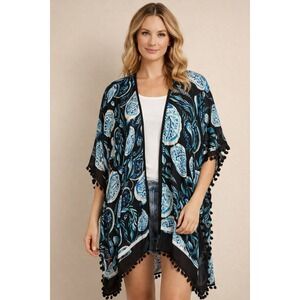 Shiraleah Chicago Belize Kimono Black Turquoise Paisley Pom Pom Trim NWT